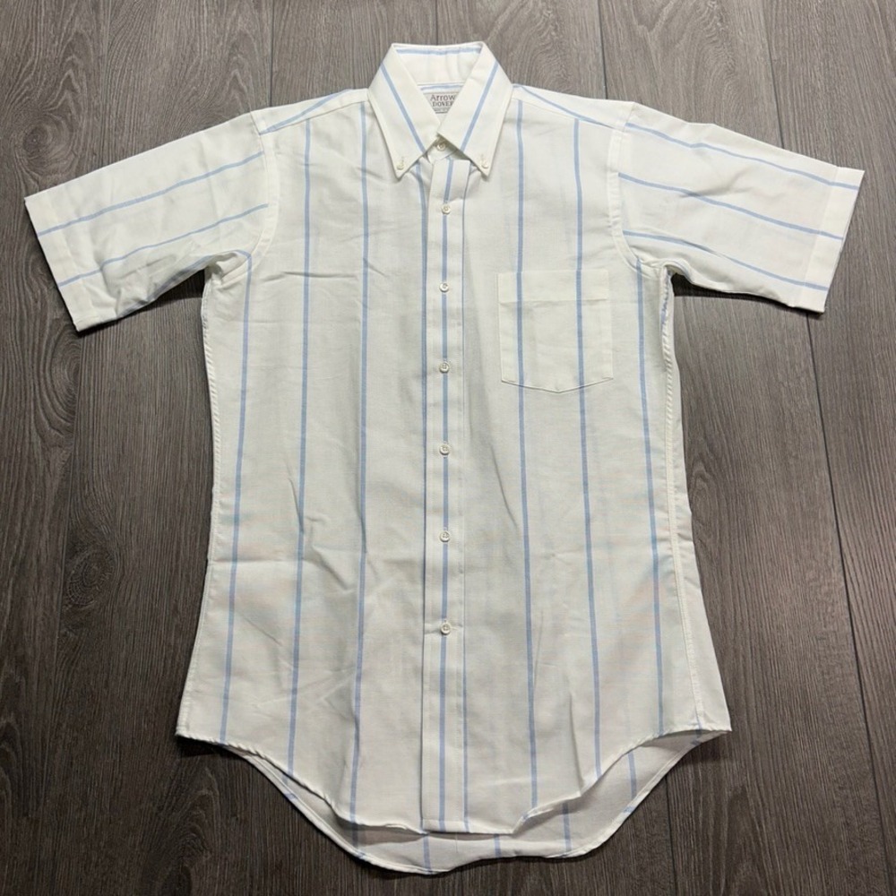 Vintage Arrow Dover Mens 14.5 White Blue Striped Short Sleeve Button Down Shirt